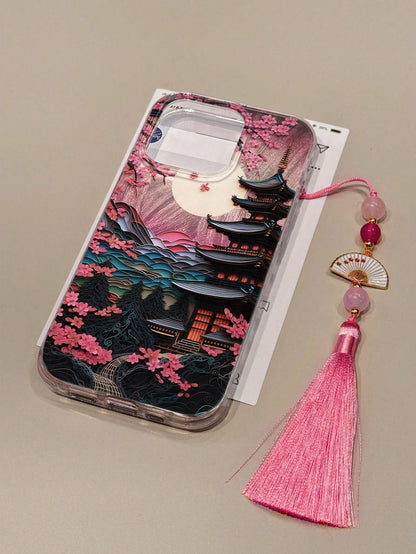 Shockproof Chinese Style Landscape Pagoda Floral Oil Painting Pattern Translucent Painted Chinese Style Hanging Charm Case, Elegant Fashion Design Compatible With Iphone16/IPhone16 Pro Max/IPhone15, I