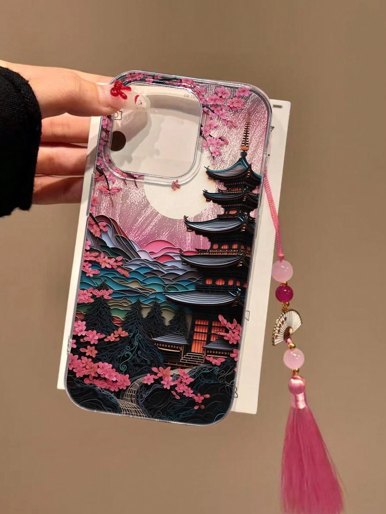 Shockproof Chinese Style Landscape Pagoda Floral Oil Painting Pattern Translucent Painted Chinese Style Hanging Charm Case, Elegant Fashion Design Compatible With Iphone16/IPhone16 Pro Max/IPhone15, I