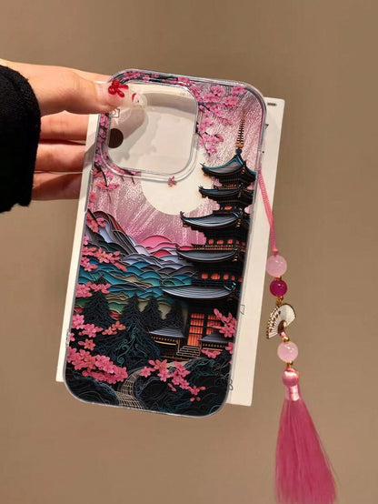 Shockproof Chinese Style Landscape Pagoda Floral Oil Painting Pattern Translucent Painted Chinese Style Hanging Charm Case, Elegant Fashion Design Compatible With Iphone16/IPhone16 Pro Max/IPhone15, I