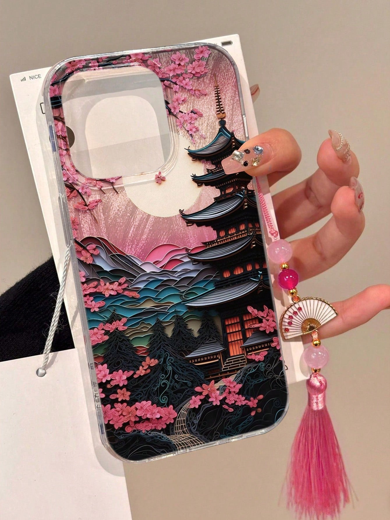 Shockproof Chinese Style Landscape Pagoda Floral Oil Painting Pattern Translucent Painted Chinese Style Hanging Charm Case, Elegant Fashion Design Compatible With Iphone16/IPhone16 Pro Max/IPhone15, I