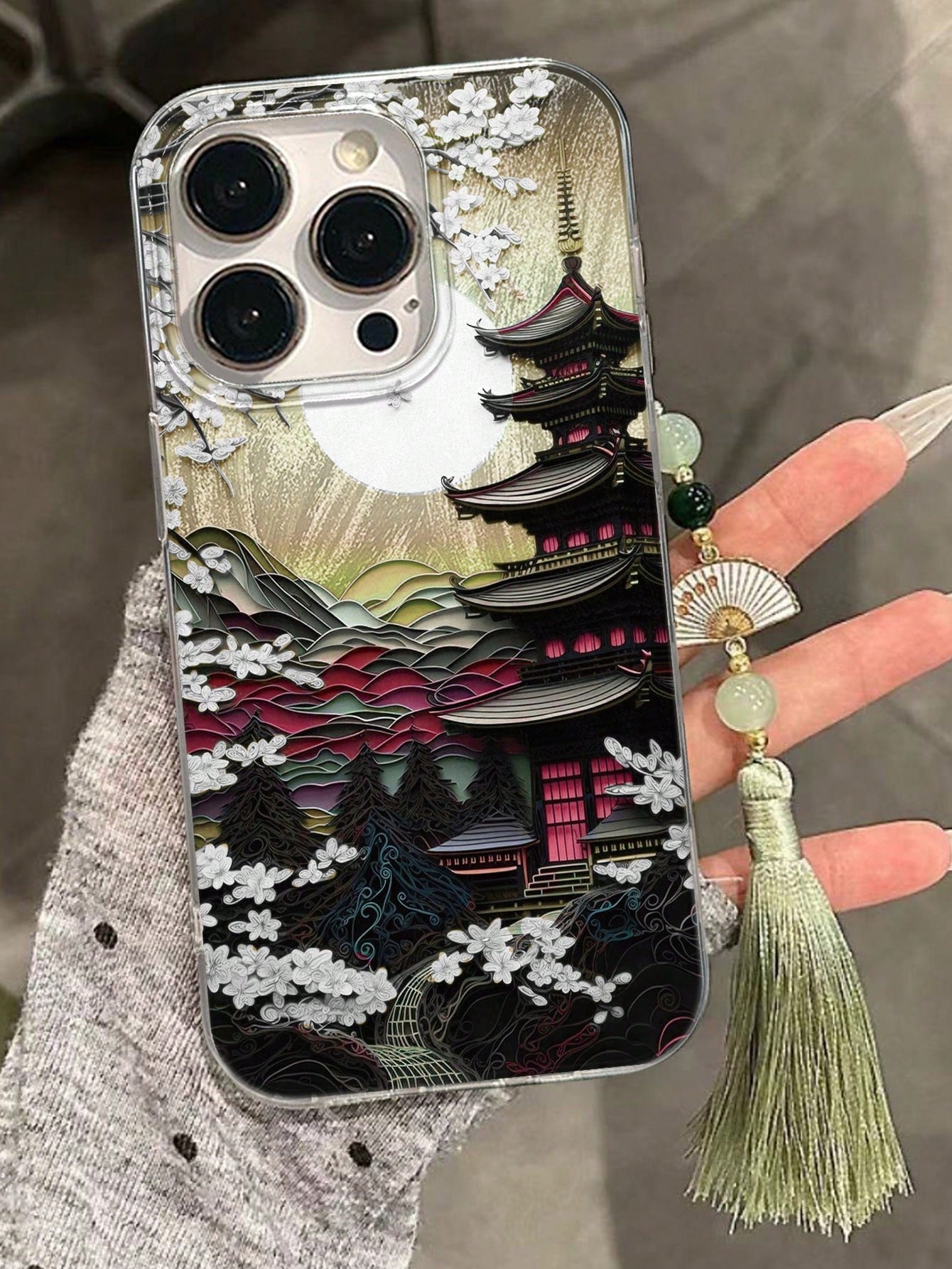 Shockproof Chinese Style Landscape Pagoda Floral Oil Painting Pattern Translucent Painted Chinese Style Hanging Charm Case, Elegant Fashion Design Compatible With Iphone16/IPhone16 Pro Max/IPhone15, I