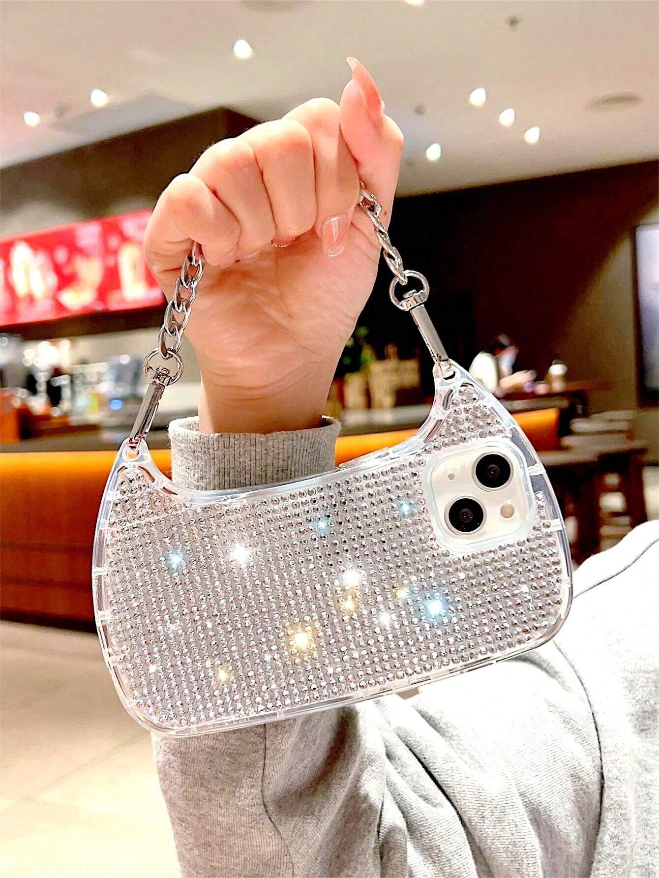 Shockproof Handbag Shaped Novelty Silver Glitter Rhinestone Phone Case With Chain Handle Compatible With IPhone 17 Pro Max, 17 Pro, 16, 16 Plus, 16 Pro Max, 16 Pro, 15, 14, 13, 12, 11, 15 Plus, 13 Pro