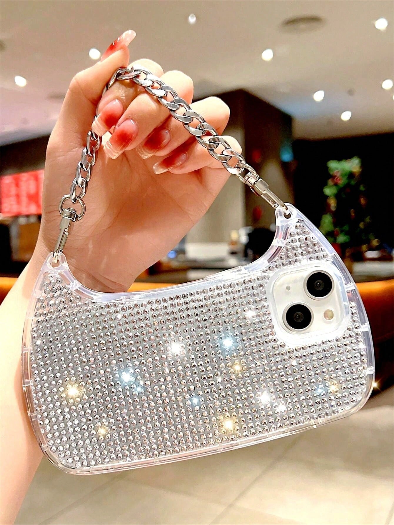 Shockproof Handbag Shaped Novelty Silver Glitter Rhinestone Phone Case With Chain Handle Compatible With IPhone 17 Pro Max, 17 Pro, 16, 16 Plus, 16 Pro Max, 16 Pro, 15, 14, 13, 12, 11, 15 Plus, 13 Pro