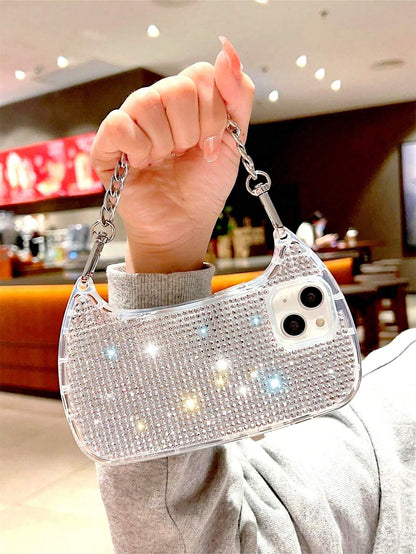 Shockproof Handbag Shaped Novelty Silver Glitter Rhinestone Phone Case With Chain Handle Compatible With IPhone 17 Pro Max, 17 Pro, 16, 16 Plus, 16 Pro Max, 16 Pro, 15, 14, 13, 12, 11, 15 Plus, 13 Pro
