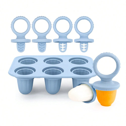 Silicone Baby Teething Popsicle 6-Cavity Mold, Ice Cream Popsicle Mold, Chilled Baby Feeding Utensil, Chewing Toy