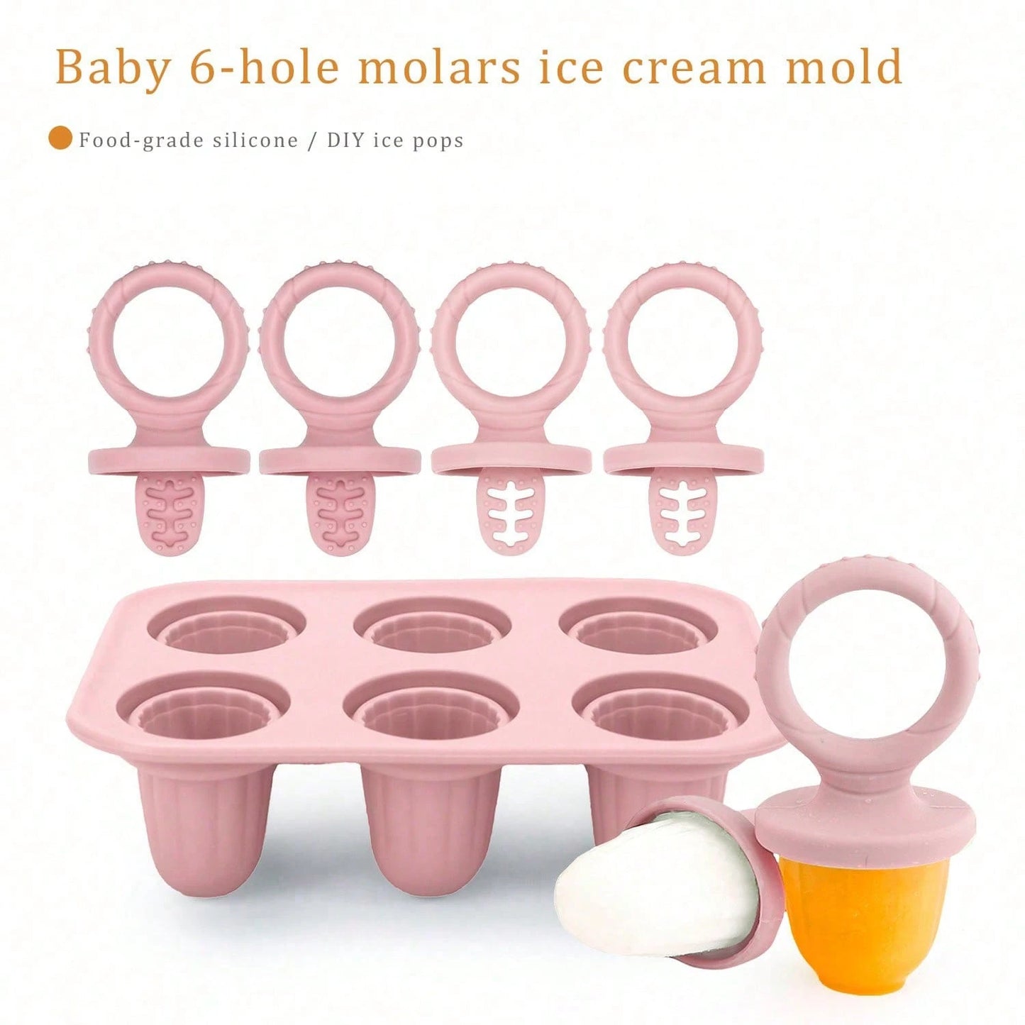 Silicone Baby Teething Popsicle 6-Cavity Mold, Ice Cream Popsicle Mold, Chilled Baby Feeding Utensil, Chewing Toy