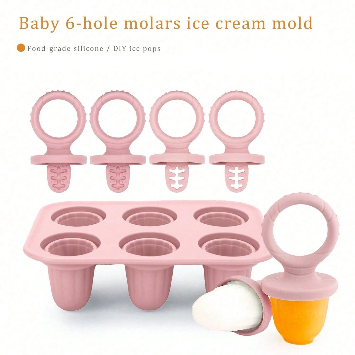 Silicone Baby Teething Popsicle 6-Cavity Mold, Ice Cream Popsicle Mold, Chilled Baby Feeding Utensil, Chewing Toy