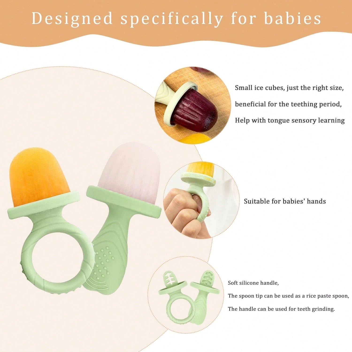 Silicone Baby Teething Popsicle 6-Cavity Mold, Ice Cream Popsicle Mold, Chilled Baby Feeding Utensil, Chewing Toy
