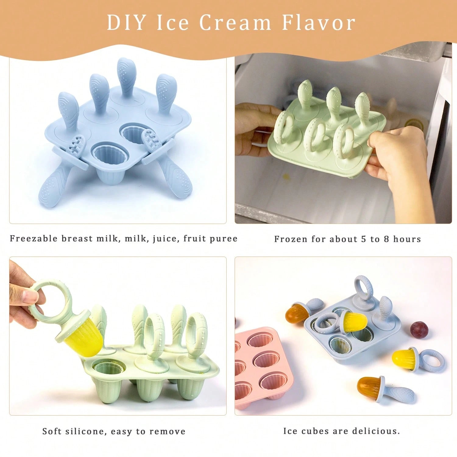 Silicone Baby Teething Popsicle 6-Cavity Mold, Ice Cream Popsicle Mold, Chilled Baby Feeding Utensil, Chewing Toy