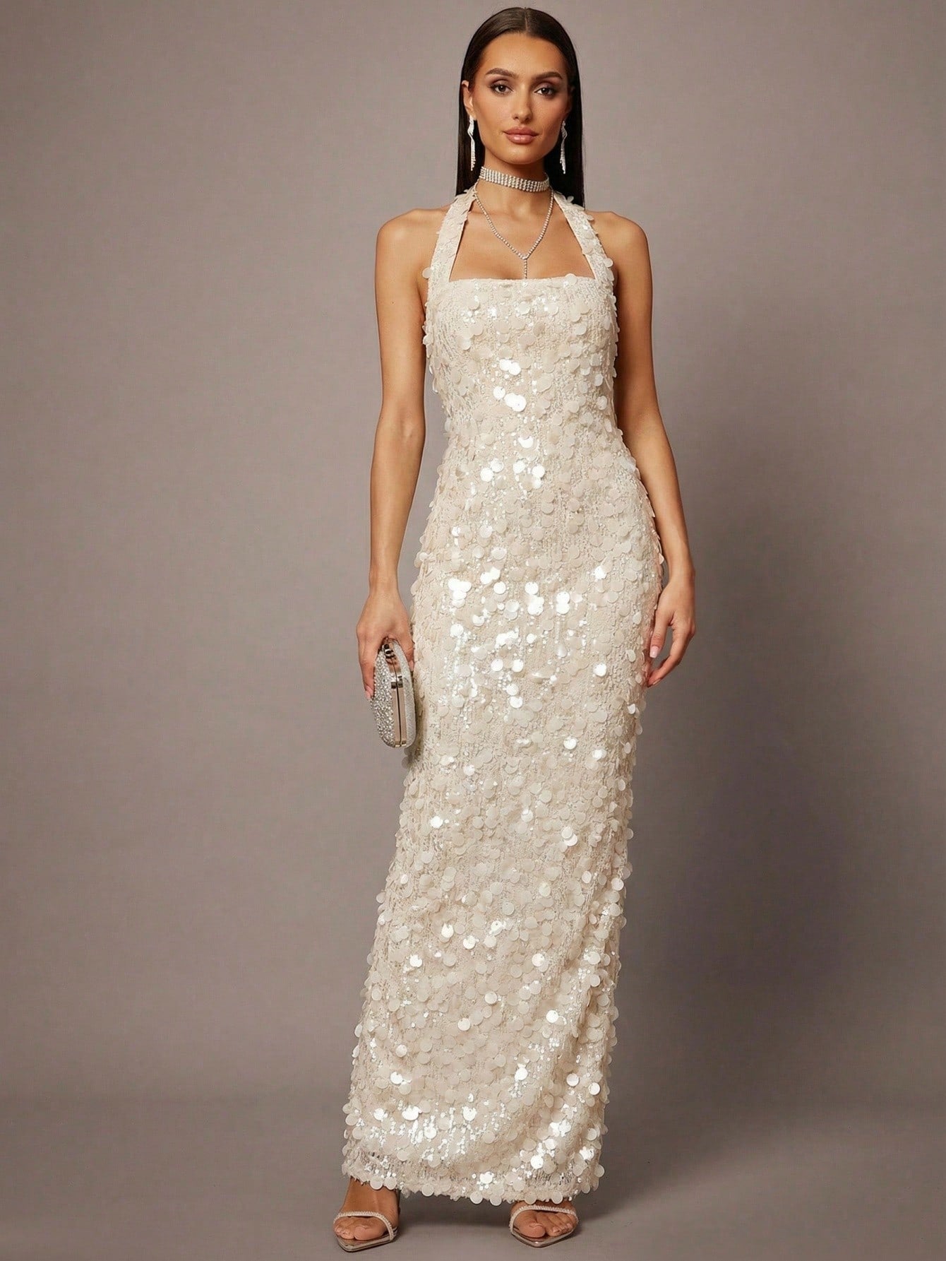 Silquee Women's Solid Color Elegant Halter Sequin Formal Dress