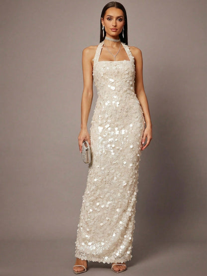 Silquee Women's Solid Color Elegant Halter Sequin Formal Dress