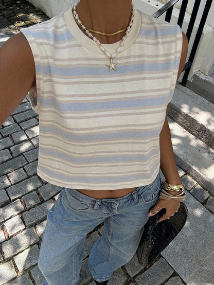 Siren Gaze Full Embroidery Women's Casual Round Neck Sleeveless Cropped Tank Top, Suitable For Summer