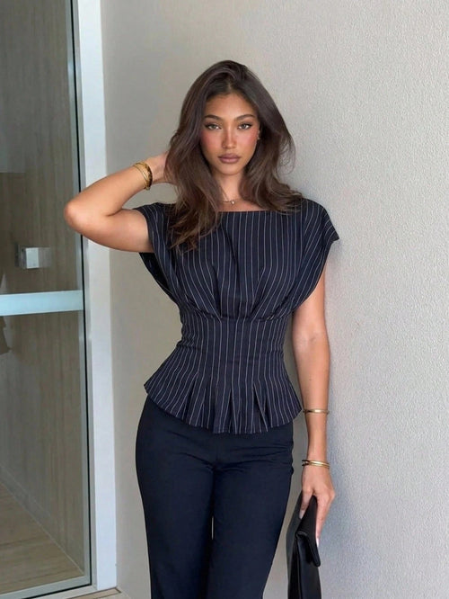Siren Gaze Women's Elegant Classy Navy Blue Striped Peplum Top,Summer Office Business Casual Short Sleeve Boat Neck Blouse,Pleated Waist Black And White Shirt