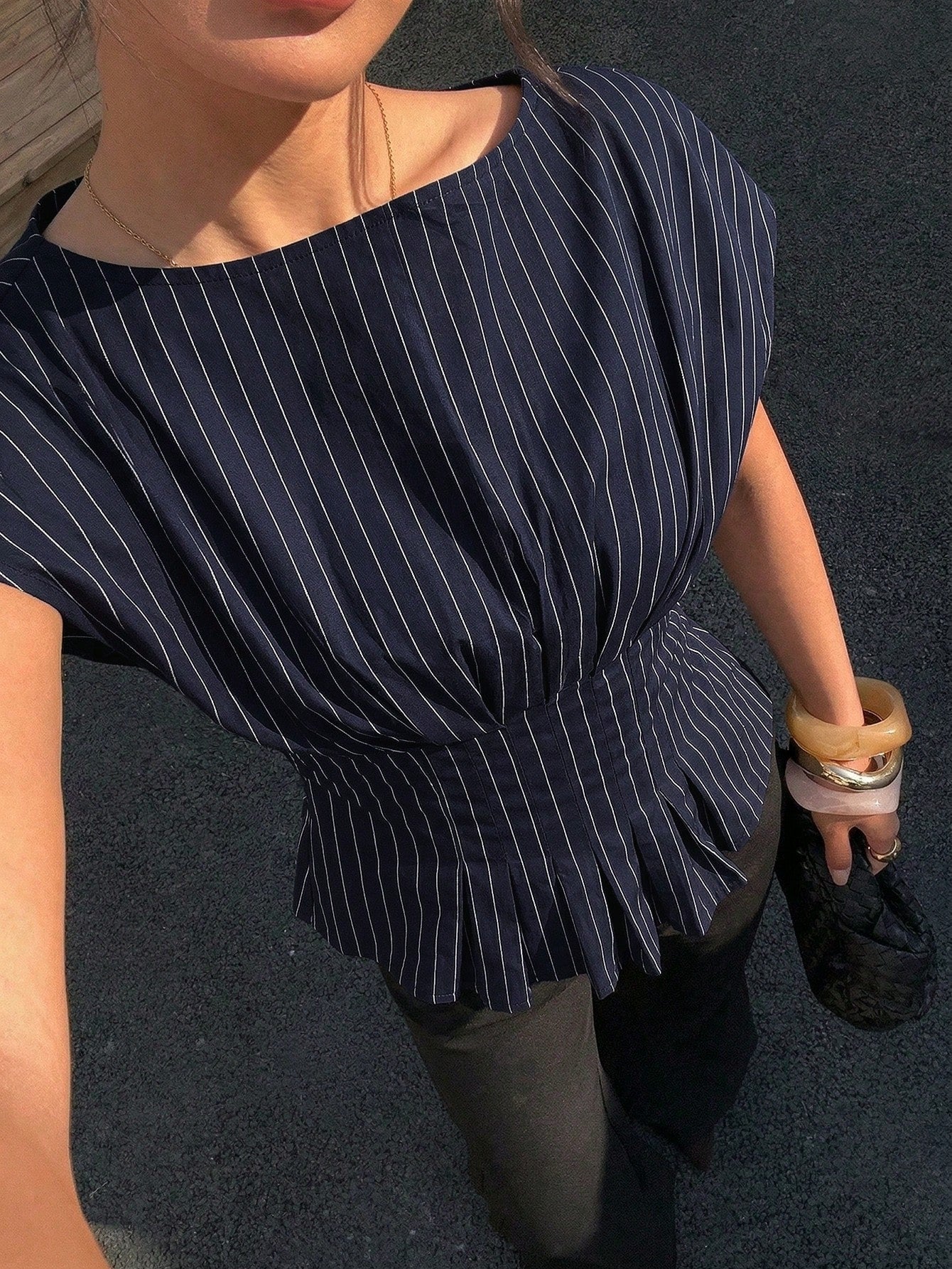 Siren Gaze Women's Elegant Classy Navy Blue Striped Peplum Top,Summer Office Business Casual Short Sleeve Boat Neck Blouse,Pleated Waist Black And White Shirt