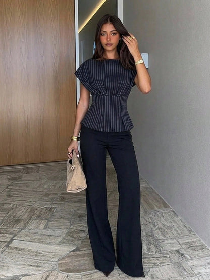 Siren Gaze Women's Elegant Classy Navy Blue Striped Peplum Top,Summer Office Business Casual Short Sleeve Boat Neck Blouse,Pleated Waist Black And White Shirt