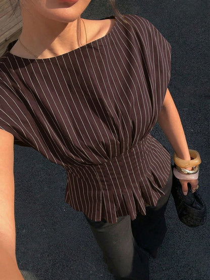 Siren Gaze Women's Elegant Classy Navy Blue Striped Peplum Top,Summer Office Business Casual Short Sleeve Boat Neck Blouse,Pleated Waist Black And White Shirt