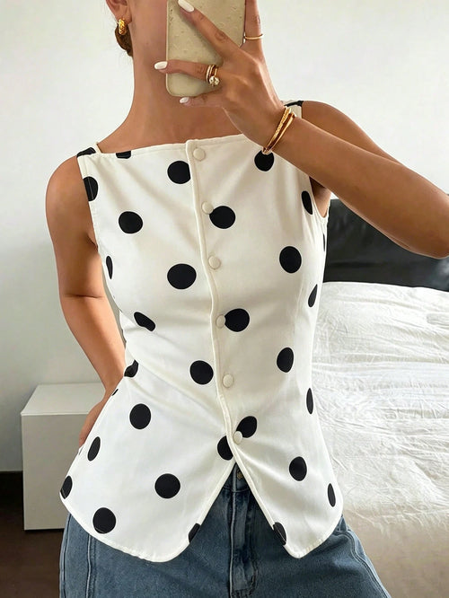 Siren Gaze Women's Sleeveless White And Black Polka Dot Polka Dots Shirt, Slim Fit Single-Breasted Summer Tank Top, Vintage Elegant Tea Party Brunch Casual Retro
