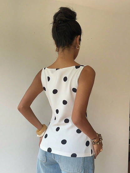 Siren Gaze Women's Sleeveless White And Black Polka Dot Polka Dots Shirt, Slim Fit Single-Breasted Summer Tank Top, Vintage Elegant Tea Party Brunch Casual Retro