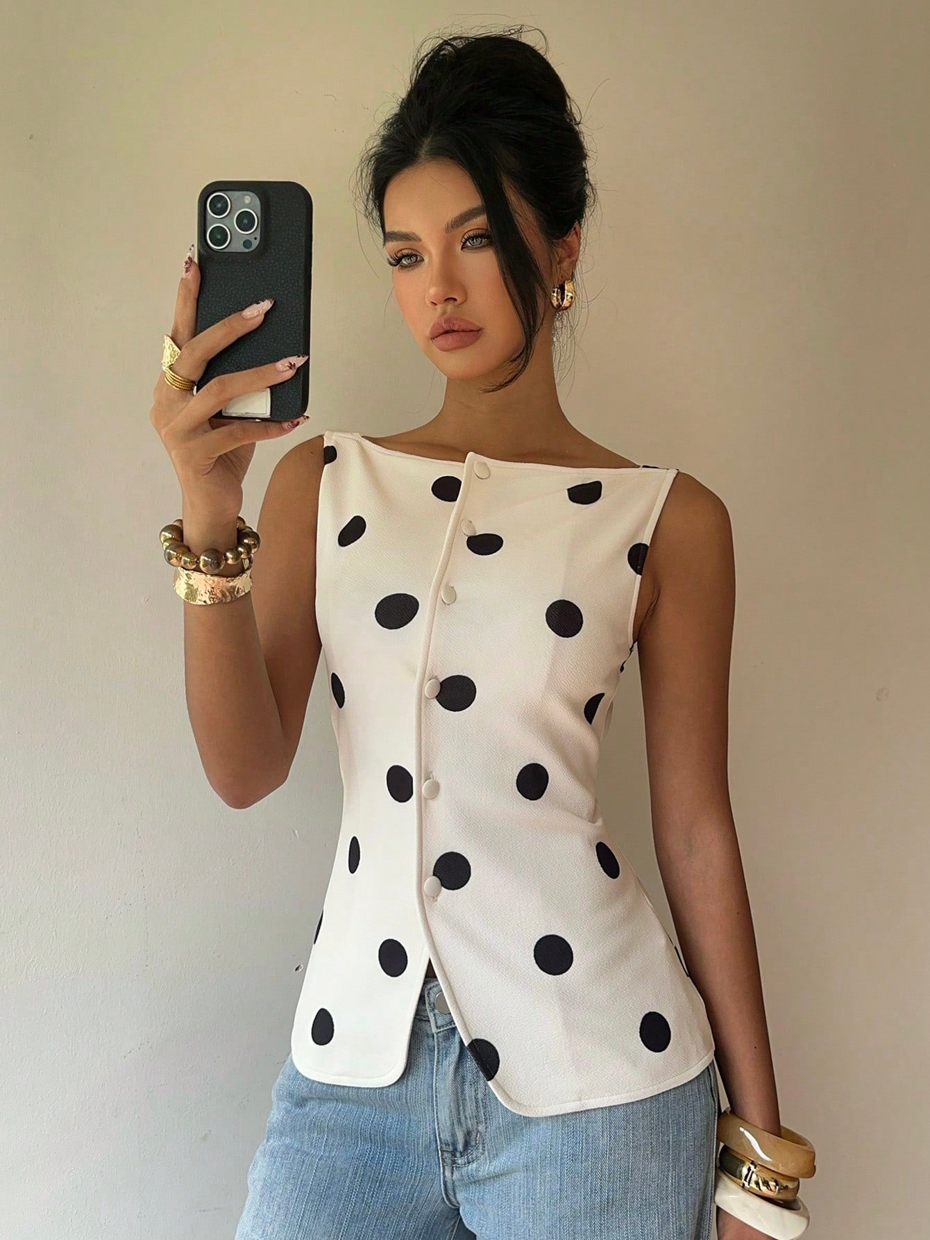 Siren Gaze Women's Sleeveless White And Black Polka Dot Polka Dots Shirt, Slim Fit Single-Breasted Summer Tank Top, Vintage Elegant Tea Party Brunch Casual Retro