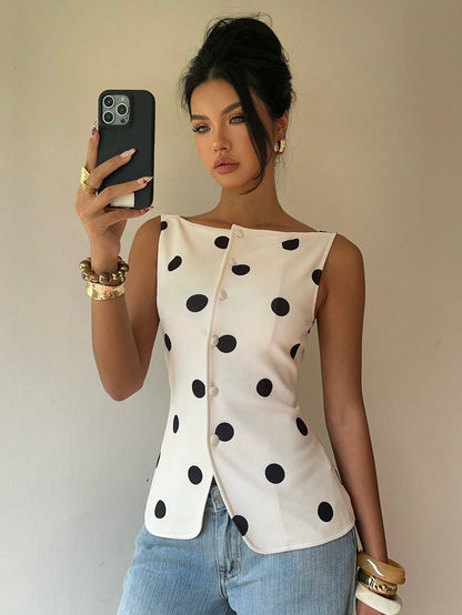 Siren Gaze Women's Sleeveless White And Black Polka Dot Polka Dots Shirt, Slim Fit Single-Breasted Summer Tank Top, Vintage Elegant Tea Party Brunch Casual Retro