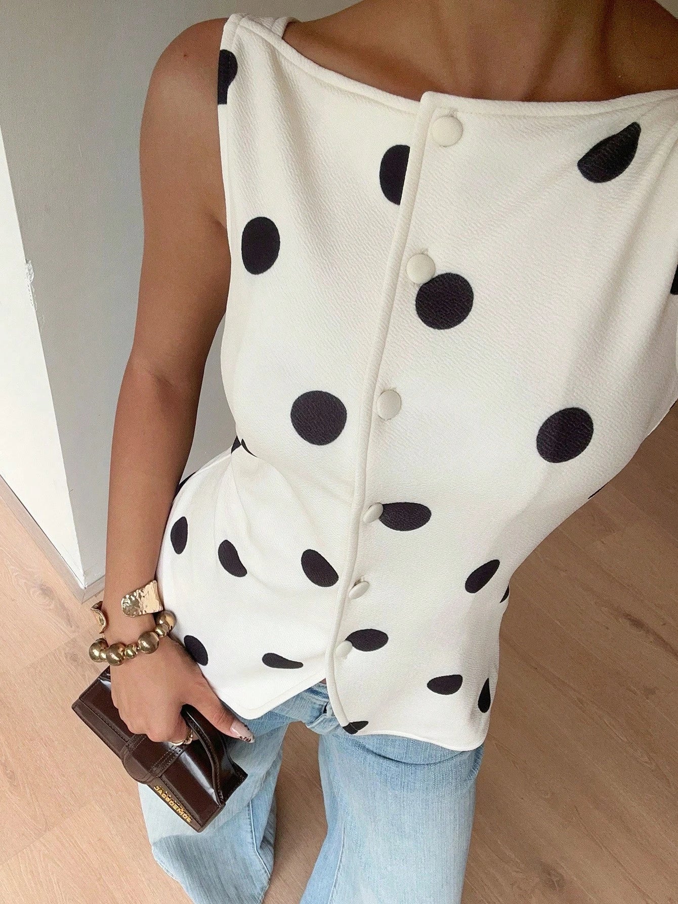 Siren Gaze Women's Sleeveless White And Black Polka Dot Polka Dots Shirt, Slim Fit Single-Breasted Summer Tank Top, Vintage Elegant Tea Party Brunch Casual Retro