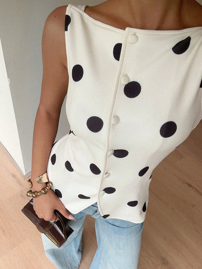 Siren Gaze Women's Sleeveless White And Black Polka Dot Polka Dots Shirt, Slim Fit Single-Breasted Summer Tank Top, Vintage Elegant Tea Party Brunch Casual Retro