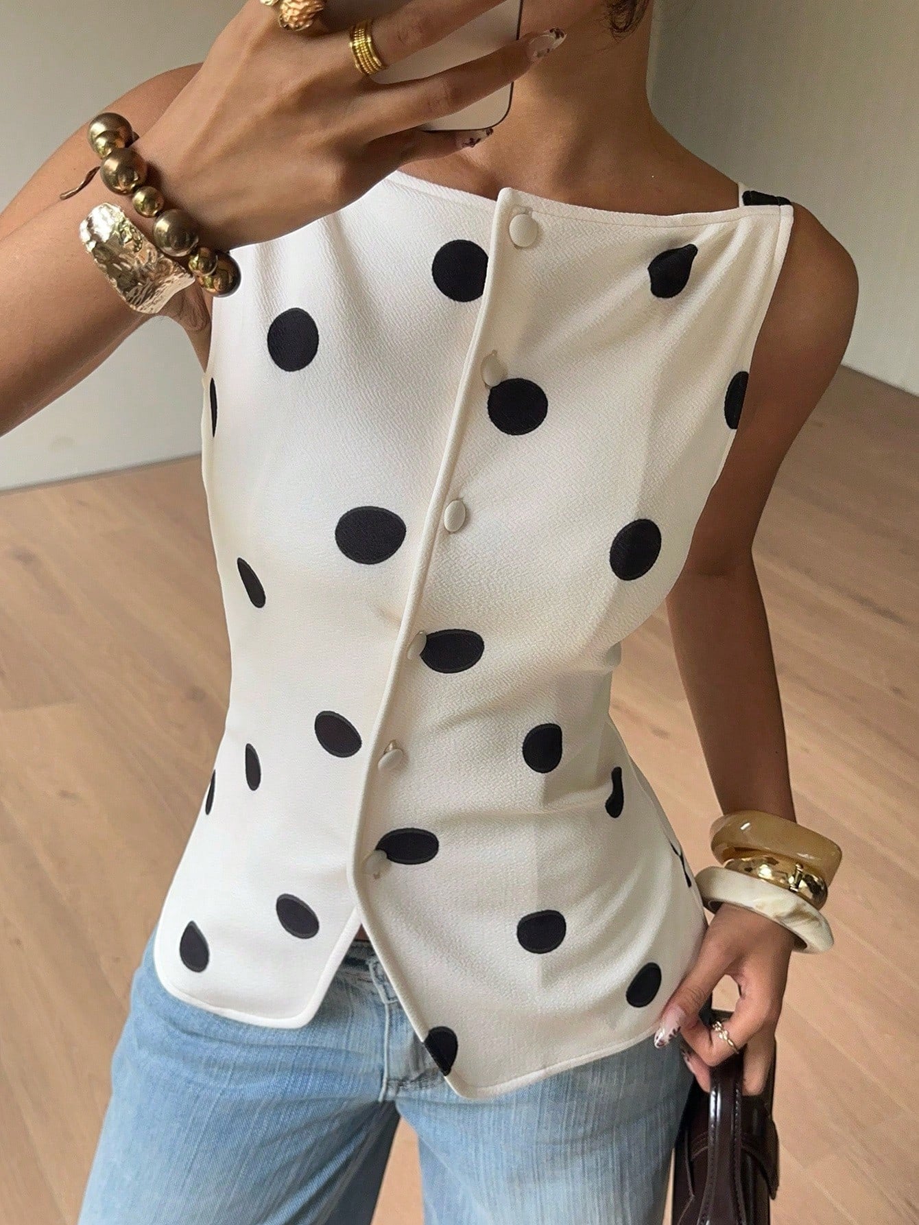 Siren Gaze Women's Sleeveless White And Black Polka Dot Polka Dots Shirt, Slim Fit Single-Breasted Summer Tank Top, Vintage Elegant Tea Party Brunch Casual Retro