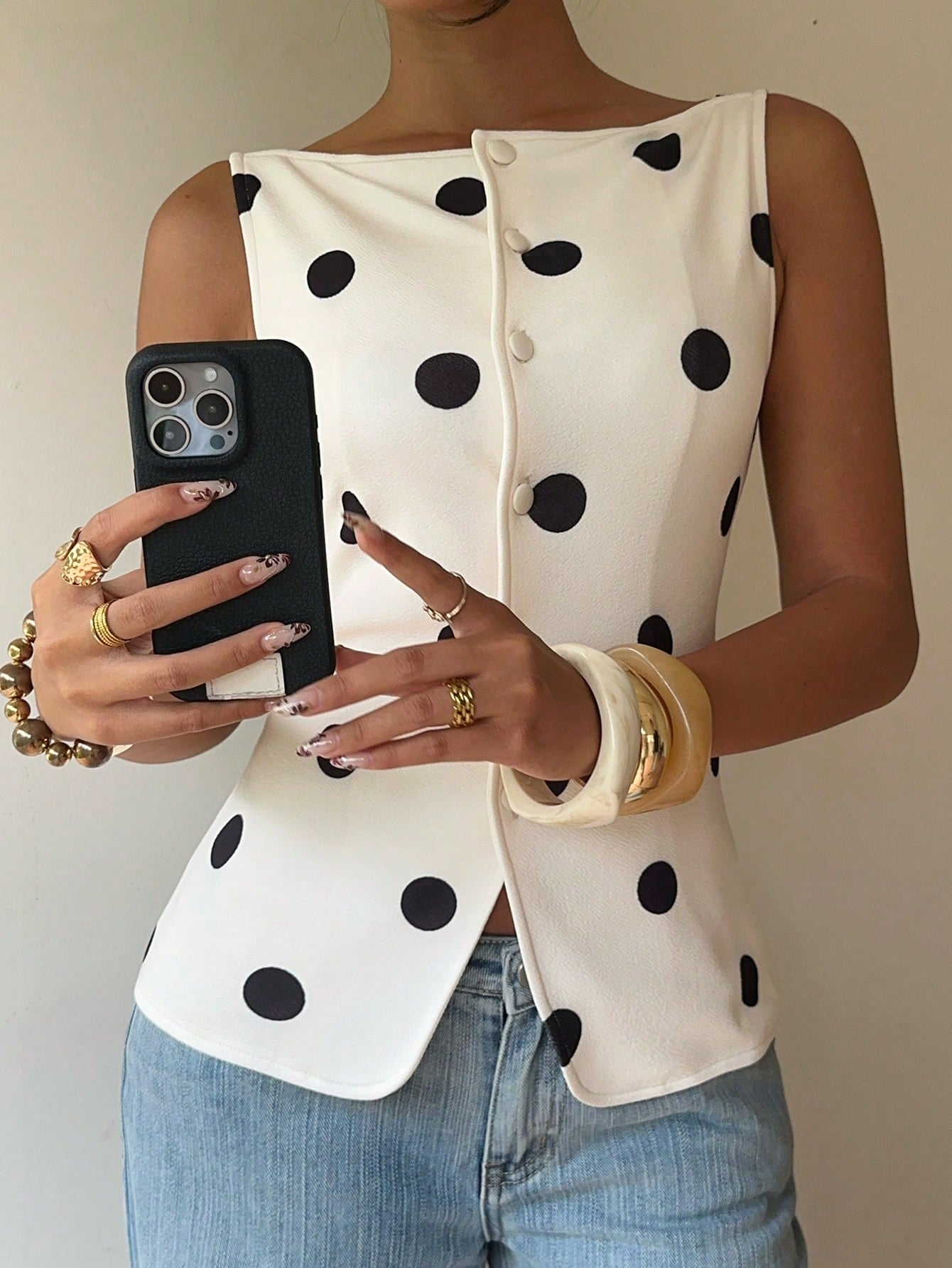 Siren Gaze Women's Sleeveless White And Black Polka Dot Polka Dots Shirt, Slim Fit Single-Breasted Summer Tank Top, Vintage Elegant Tea Party Brunch Casual Retro