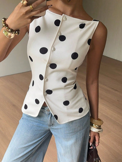 Siren Gaze Women's Sleeveless White And Black Polka Dot Polka Dots Shirt, Slim Fit Single-Breasted Summer Tank Top, Vintage Elegant Tea Party Brunch Casual Retro