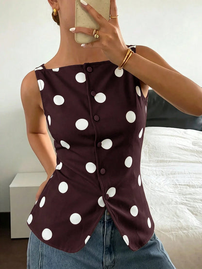 Siren Gaze Women's Sleeveless White And Black Polka Dot Polka Dots Shirt, Slim Fit Single-Breasted Summer Tank Top, Vintage Elegant Tea Party Brunch Casual Retro