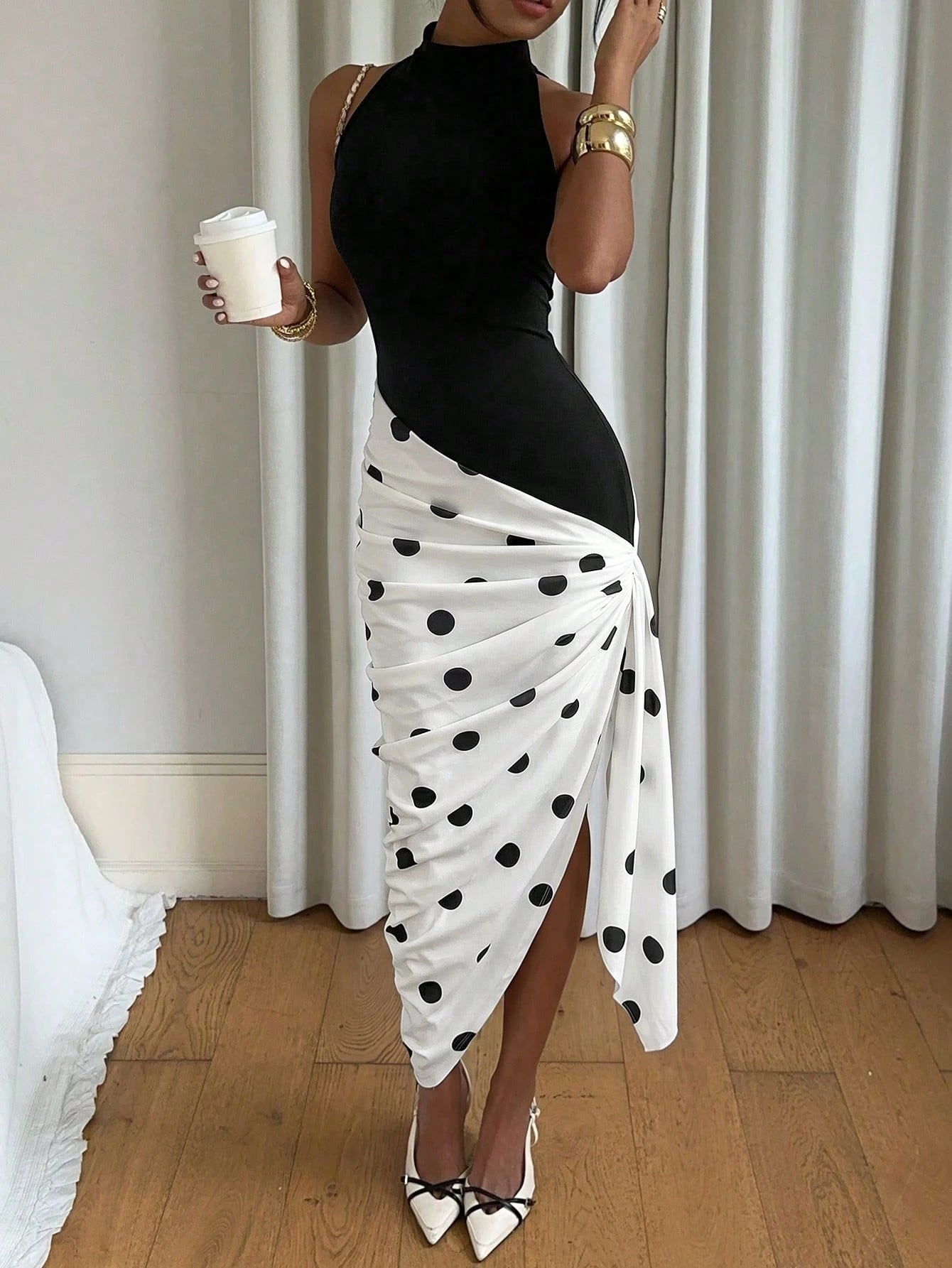 Siren Gaze Women's Summer Casual Sexy Black And White Polka Dot Print Asymmetric Hem Ruched Sleeveless Dress,Dresses For Women Summer Night Out