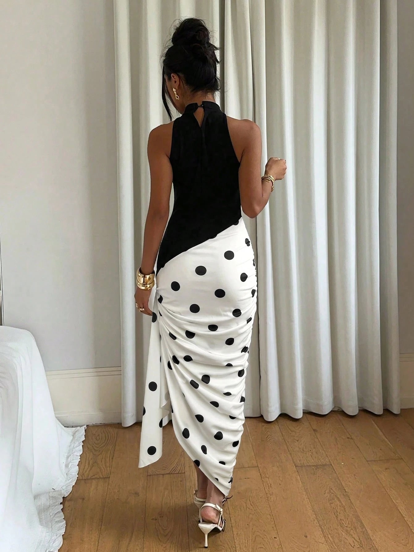 Siren Gaze Women's Summer Casual Sexy Black And White Polka Dot Print Asymmetric Hem Ruched Sleeveless Dress,Dresses For Women Summer Night Out