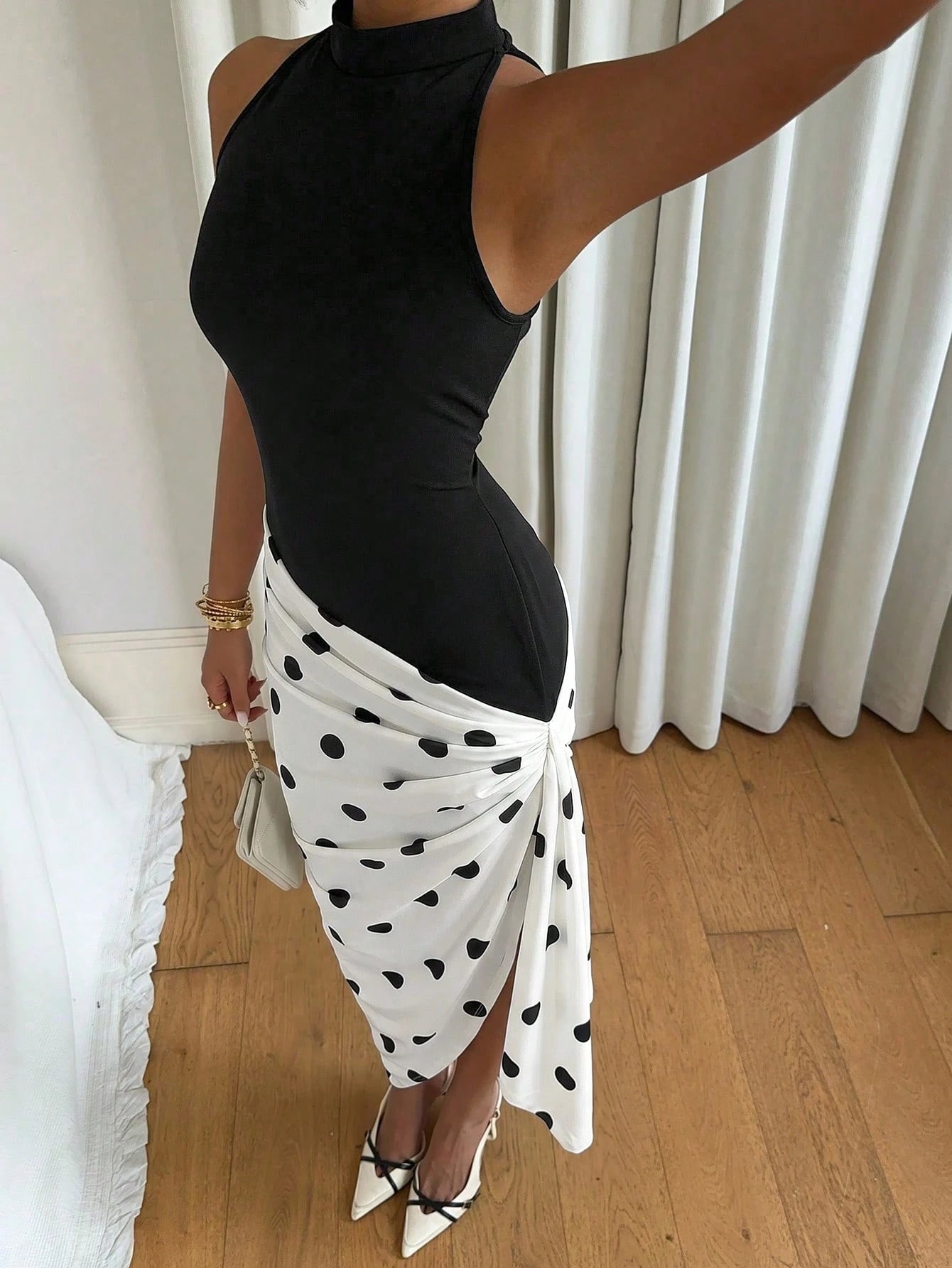 Siren Gaze Women's Summer Casual Sexy Black And White Polka Dot Print Asymmetric Hem Ruched Sleeveless Dress,Dresses For Women Summer Night Out