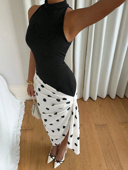 Siren Gaze Women's Summer Casual Sexy Black And White Polka Dot Print Asymmetric Hem Ruched Sleeveless Dress,Dresses For Women Summer Night Out