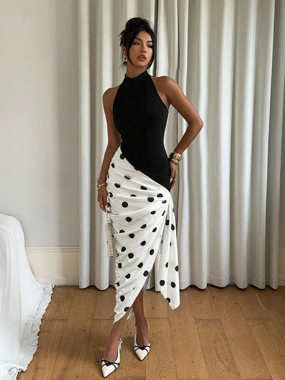 Siren Gaze Women's Summer Casual Sexy Black And White Polka Dot Print Asymmetric Hem Ruched Sleeveless Dress,Dresses For Women Summer Night Out