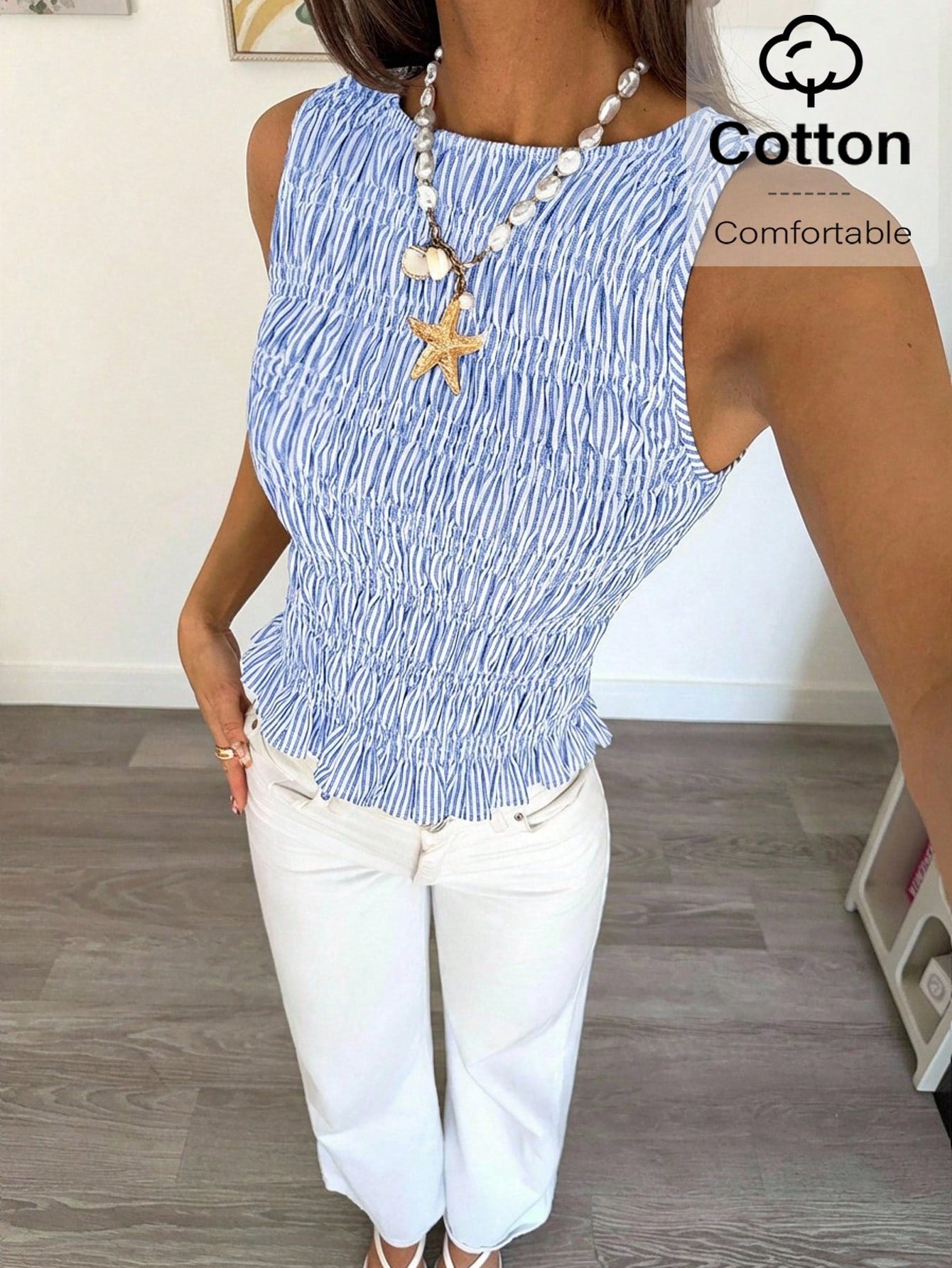 Siren Gaze Women's Summer Casual Stripe Print Scoop Neck Slim Fit Cotton Tank Top, Blue And White Top Vacation Casual Holiday Resor