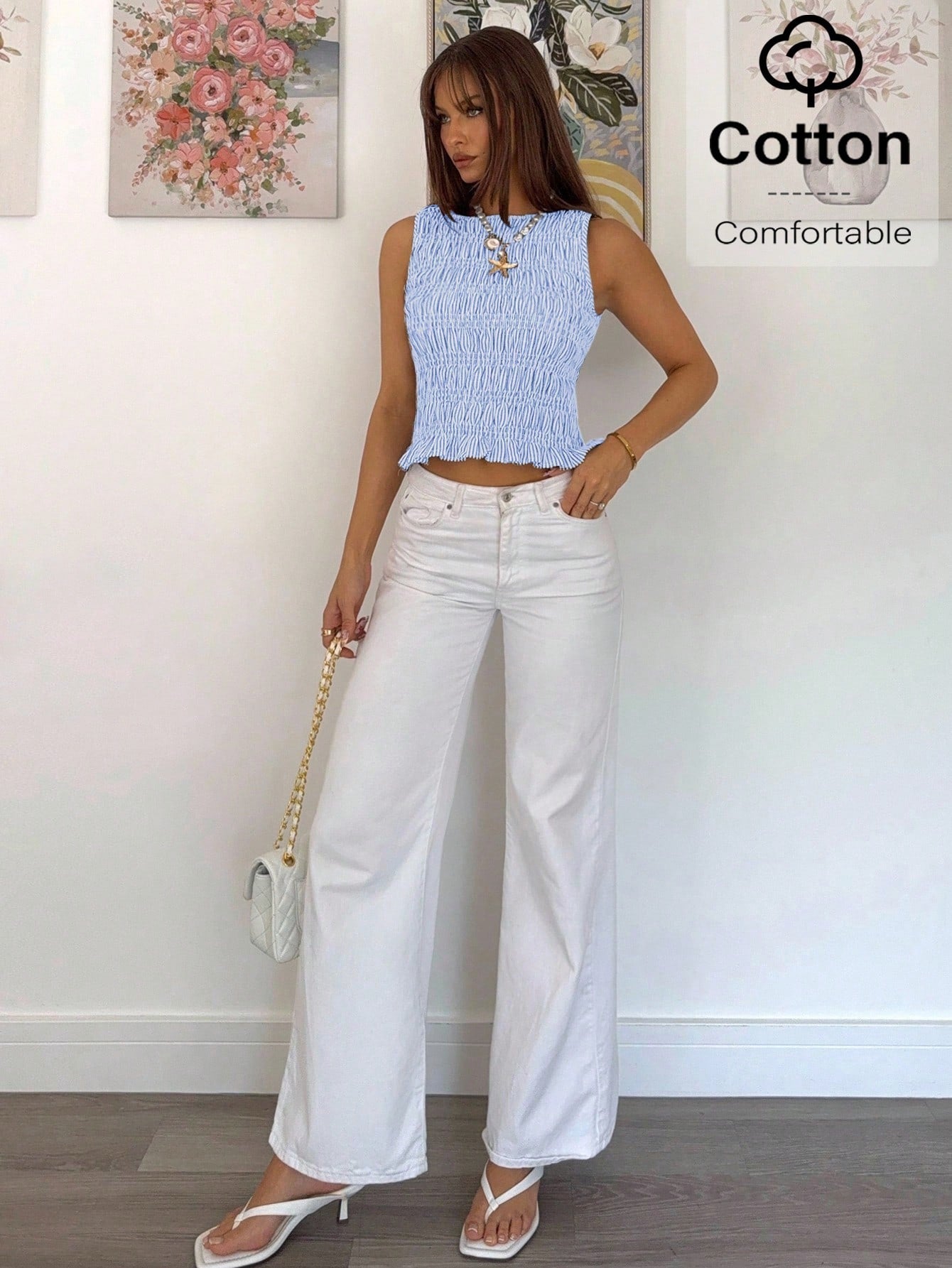 Siren Gaze Women's Summer Casual Stripe Print Scoop Neck Slim Fit Cotton Tank Top, Blue And White Top Vacation Casual Holiday Resor
