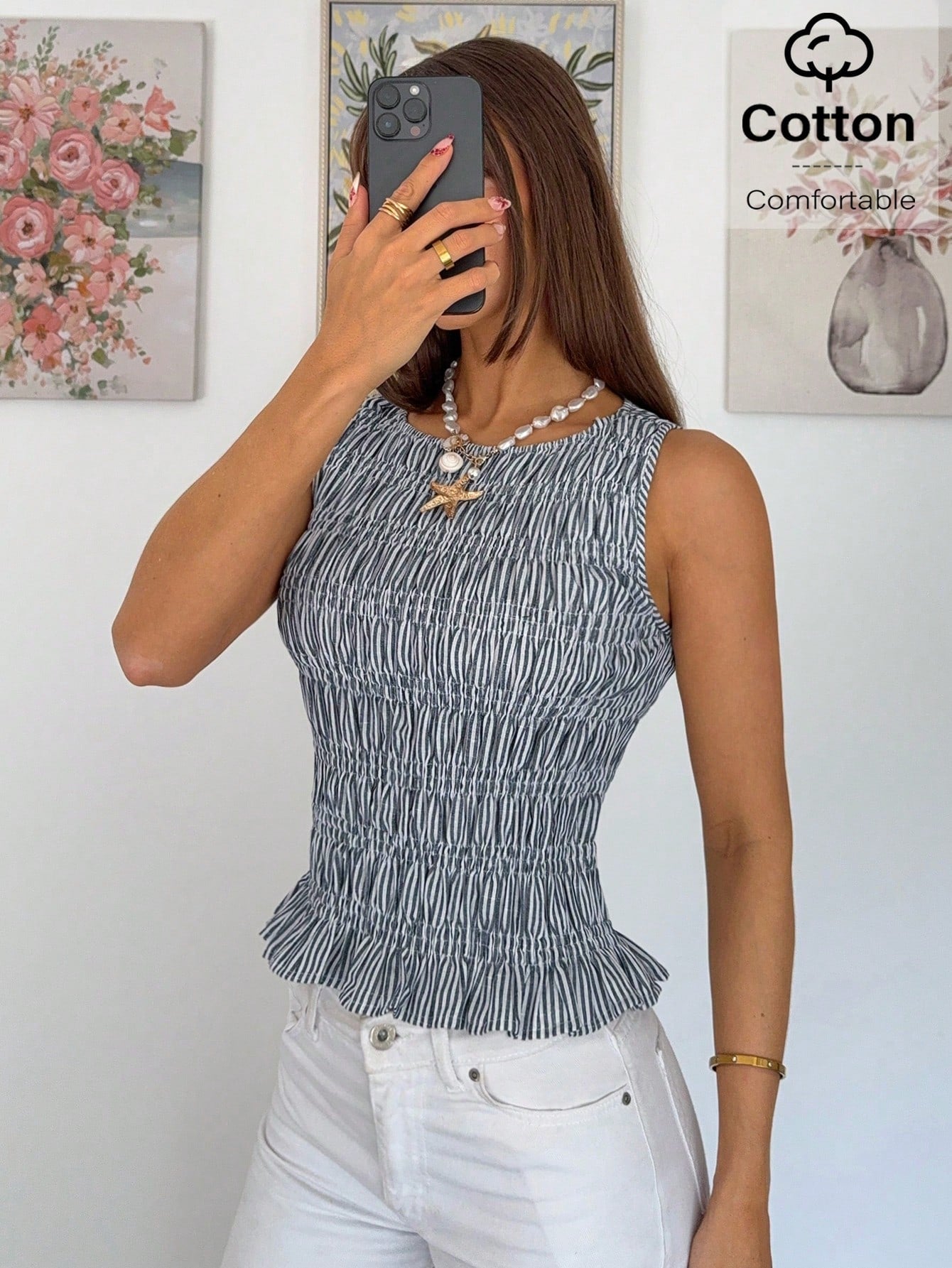 Siren Gaze Women's Summer Casual Stripe Print Scoop Neck Slim Fit Cotton Tank Top, Blue And White Top Vacation Casual Holiday Resor