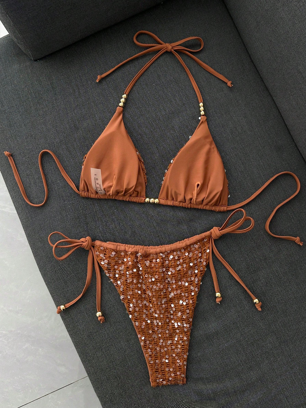 Sirith Spring/Summer Sunny Beach Swimwear 2 Pieces Set, Sexy Sequin & Sequins Decorated Spaghetti Strap Halter Triangle Bikini With Side Tie Bottoms, Women's Swimsuit Set