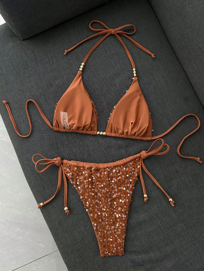 Sirith Spring/Summer Sunny Beach Swimwear 2 Pieces Set, Sexy Sequin & Sequins Decorated Spaghetti Strap Halter Triangle Bikini With Side Tie Bottoms, Women's Swimsuit Set