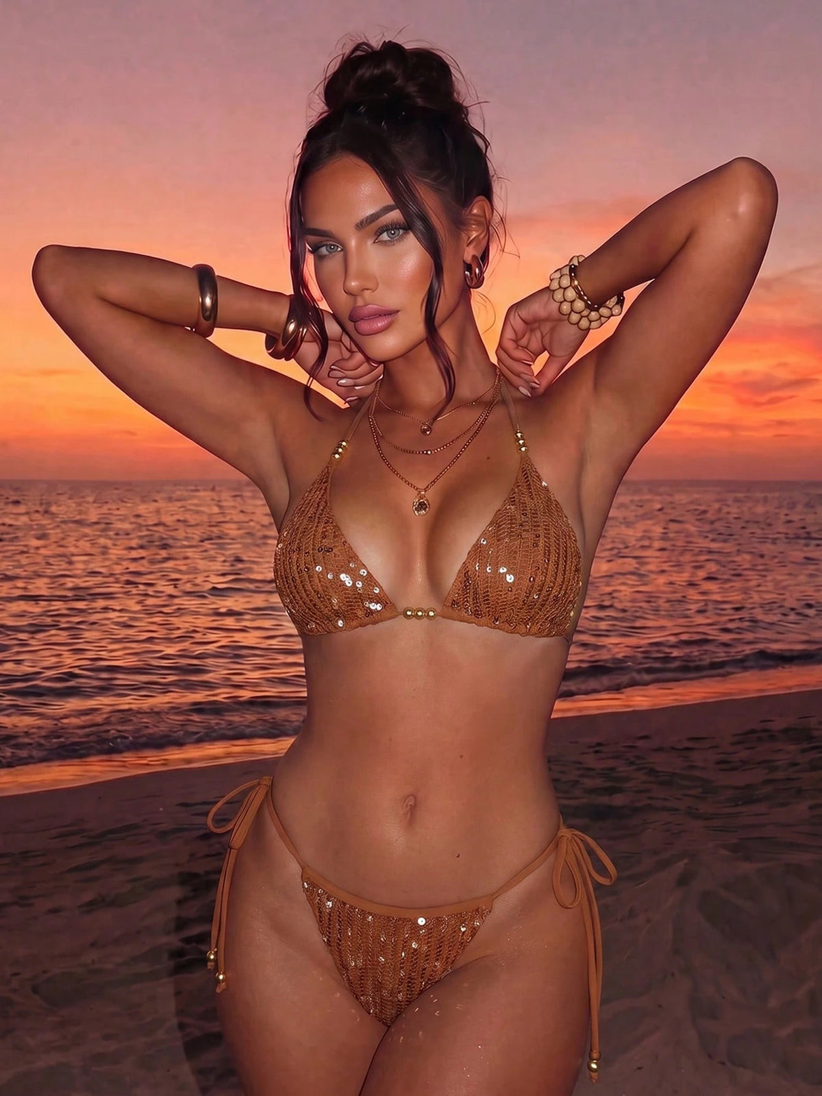 Sirith Spring/Summer Sunny Beach Swimwear 2 Pieces Set, Sexy Sequin & Sequins Decorated Spaghetti Strap Halter Triangle Bikini With Side Tie Bottoms, Women's Swimsuit Set