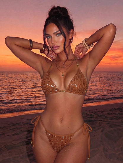 Sirith Spring/Summer Sunny Beach Swimwear 2 Pieces Set, Sexy Sequin & Sequins Decorated Spaghetti Strap Halter Triangle Bikini With Side Tie Bottoms, Women's Swimsuit Set