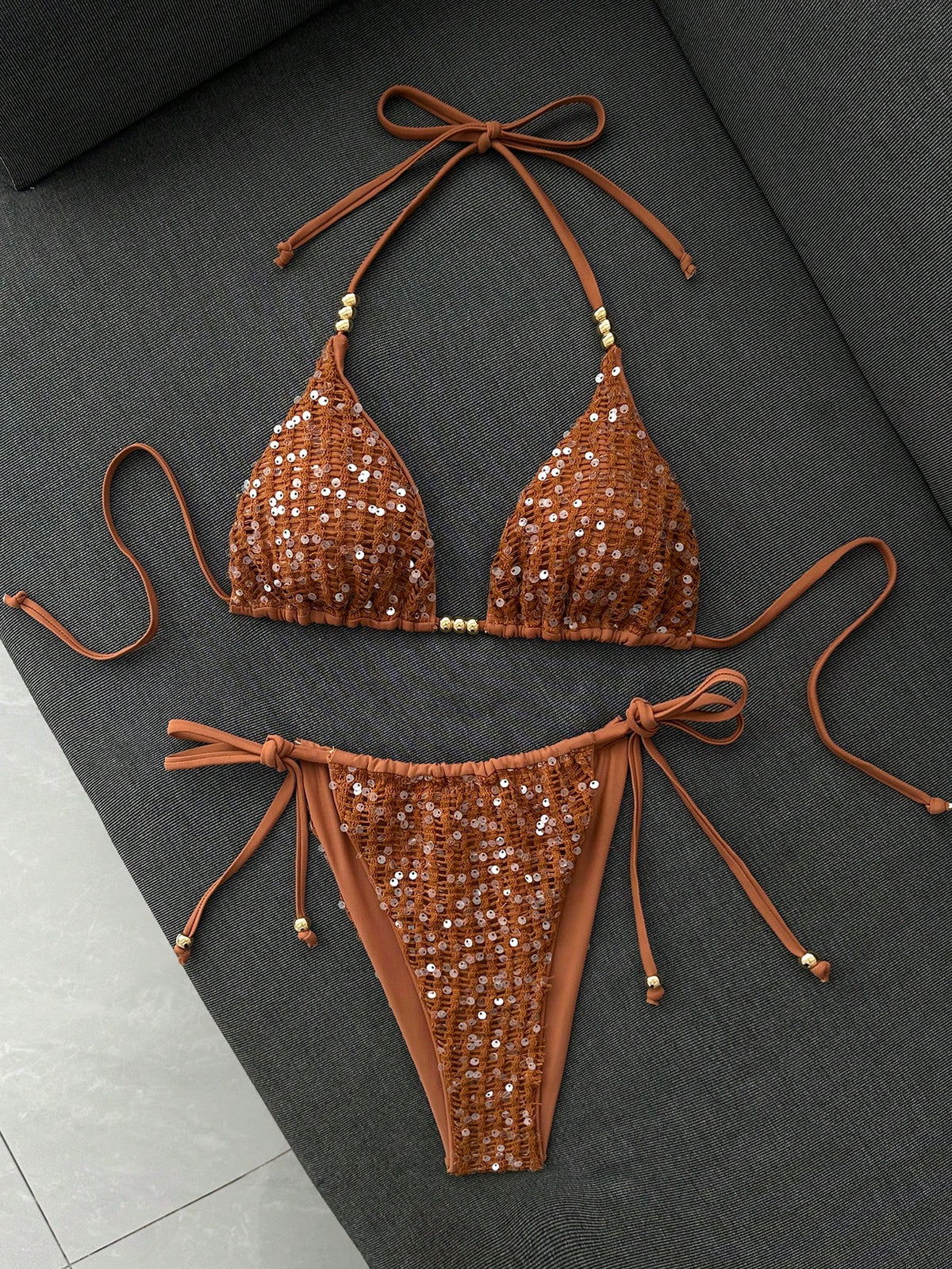 Sirith Spring/Summer Sunny Beach Swimwear 2 Pieces Set, Sexy Sequin & Sequins Decorated Spaghetti Strap Halter Triangle Bikini With Side Tie Bottoms, Women's Swimsuit Set