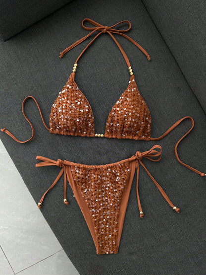 Sirith Spring/Summer Sunny Beach Swimwear 2 Pieces Set, Sexy Sequin & Sequins Decorated Spaghetti Strap Halter Triangle Bikini With Side Tie Bottoms, Women's Swimsuit Set