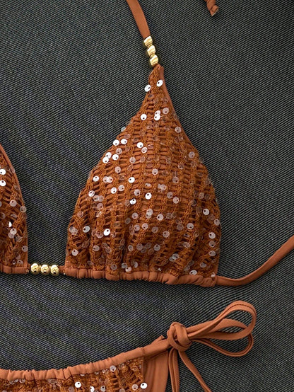 Sirith Spring/Summer Sunny Beach Swimwear 2 Pieces Set, Sexy Sequin & Sequins Decorated Spaghetti Strap Halter Triangle Bikini With Side Tie Bottoms, Women's Swimsuit Set