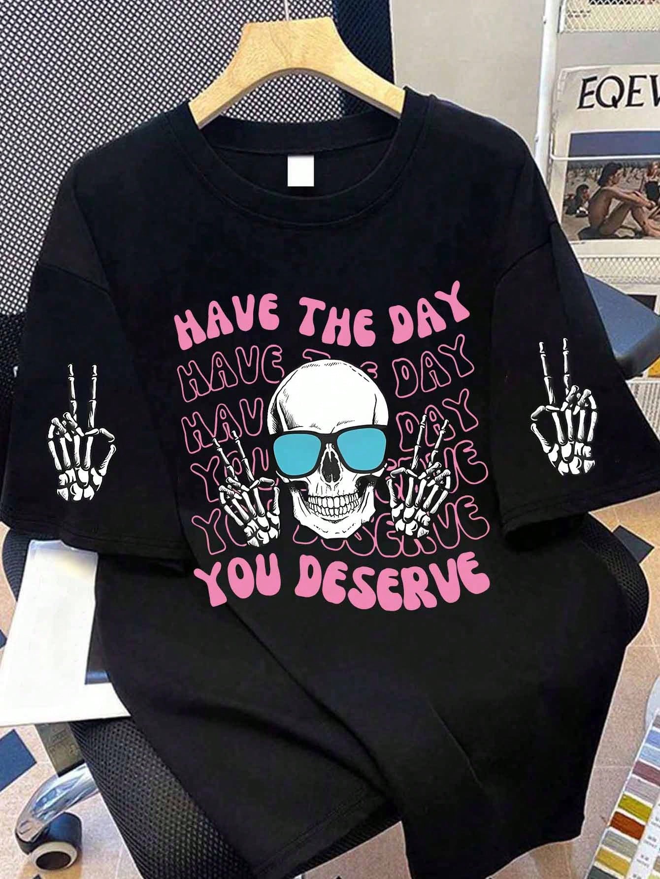 Skull And Slogan Print Crew Neck Plus Size Women's Casual Summer Fashion Short Sleeve T-Shirt Black