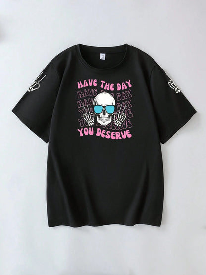Skull And Slogan Print Crew Neck Plus Size Women's Casual Summer Fashion Short Sleeve T-Shirt Black