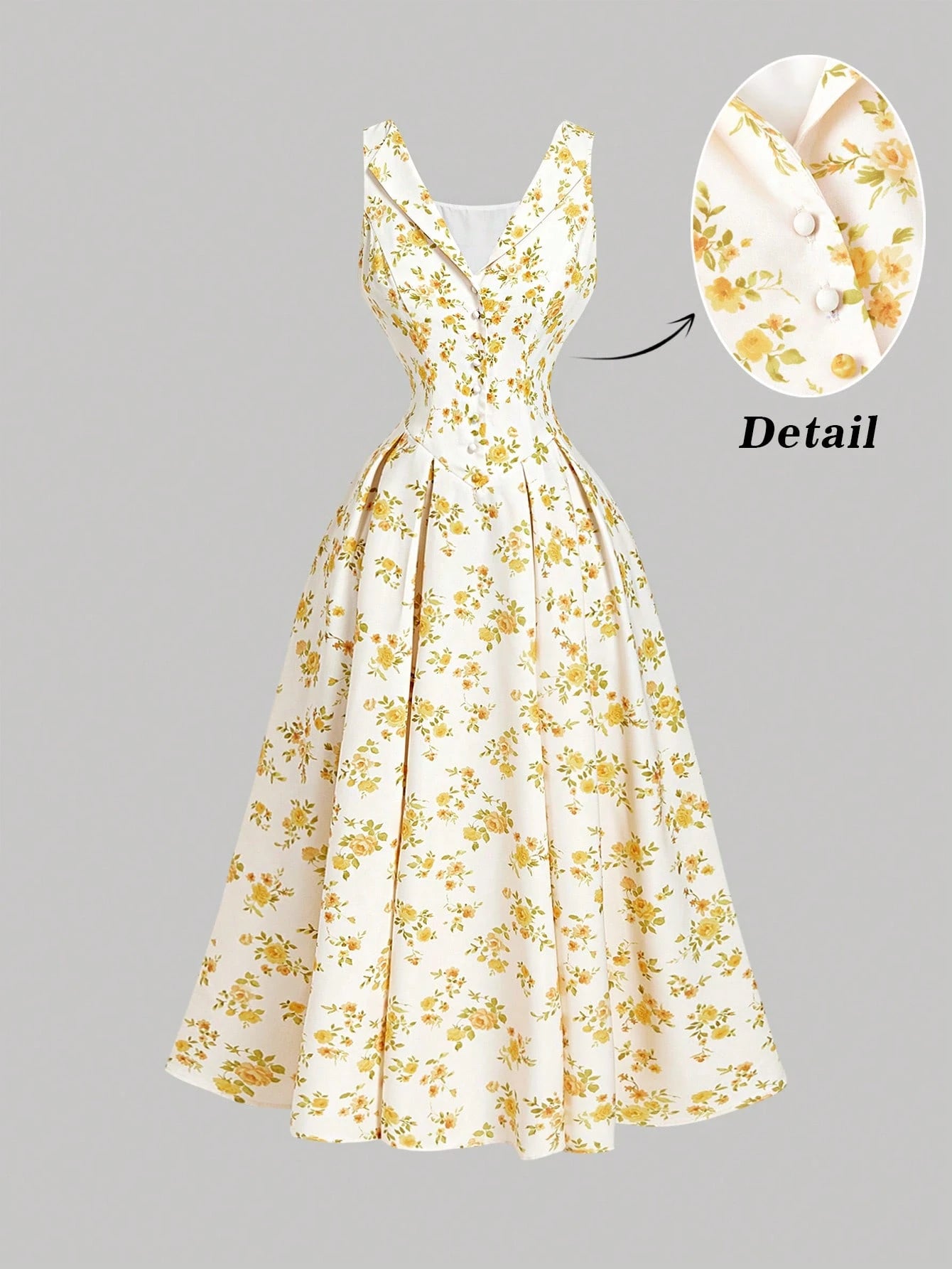 Skyraze Cream And Floral Midi Dress For Women,Collared Button Front Waist Cinched Summer Modest Flowy Tropical Cottagecore Picnic Dress,Beach Vacation Party