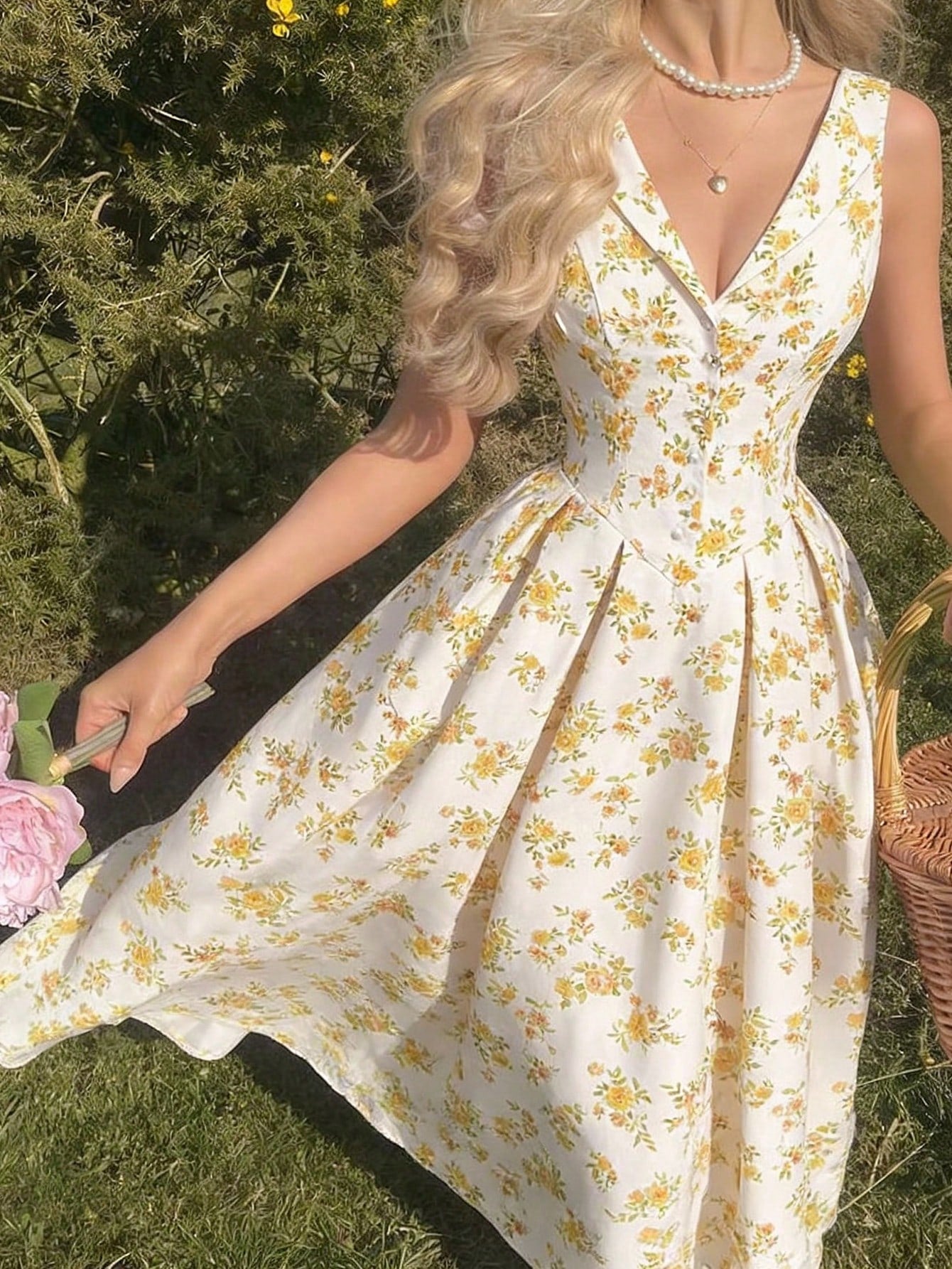 Skyraze Cream And Floral Midi Dress For Women,Collared Button Front Waist Cinched Summer Modest Flowy Tropical Cottagecore Picnic Dress,Beach Vacation Party