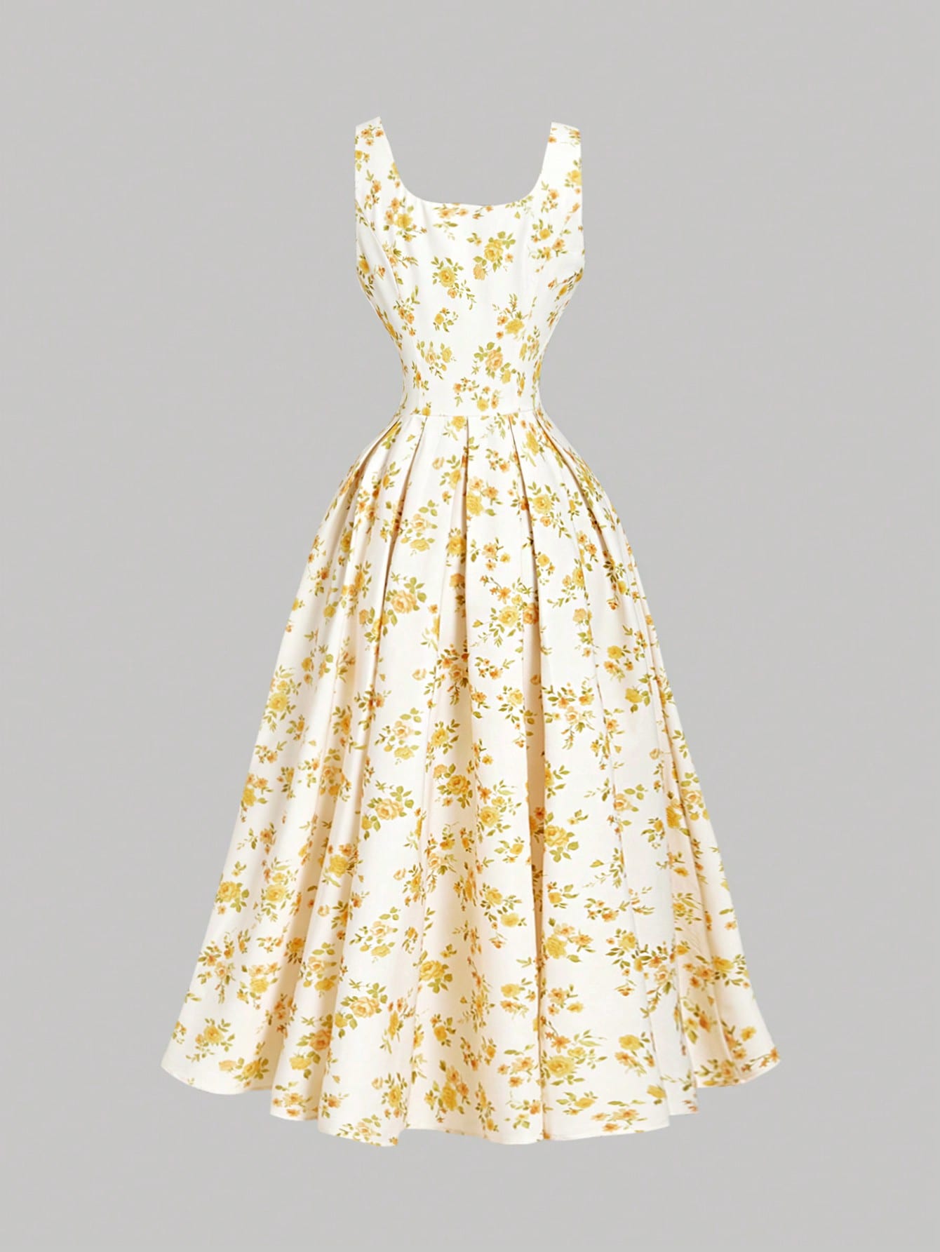 Skyraze Cream And Floral Midi Dress For Women,Collared Button Front Waist Cinched Summer Modest Flowy Tropical Cottagecore Picnic Dress,Beach Vacation Party